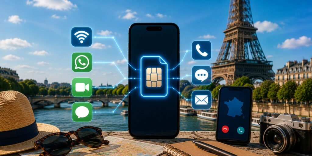 French travel eSIM with data and phone number options
