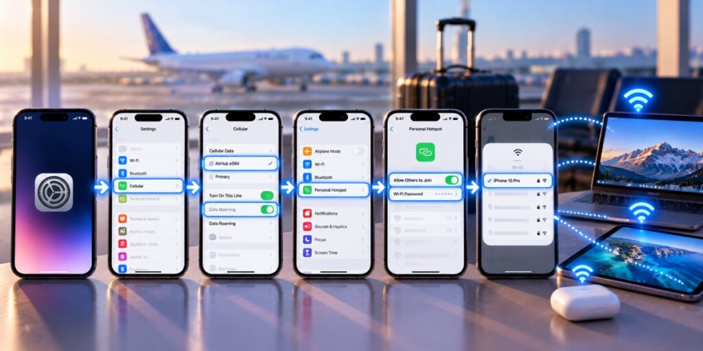 iPhone Personal Hotspot settings with Allow Others to Join enabled.