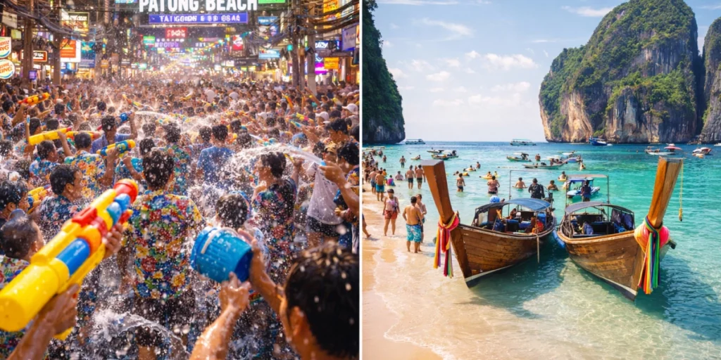 Songkran celebration at Patong Beach and longtail boats in Phuket