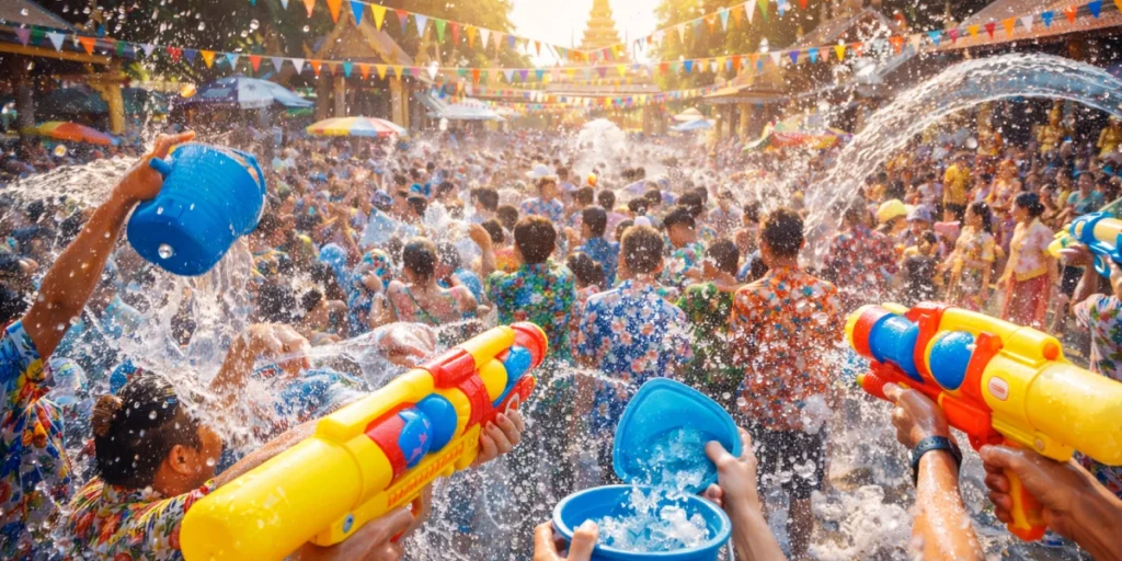 Songkran celebration with crowds splashing water