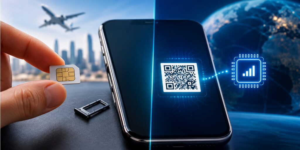 A removable nano physical SIM card next to a smartphone activating an embedded eSIM via QR code.