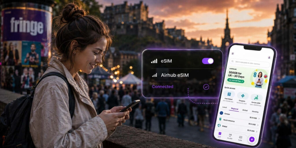 a traveler activating Airhub's UK eSIM in phone
