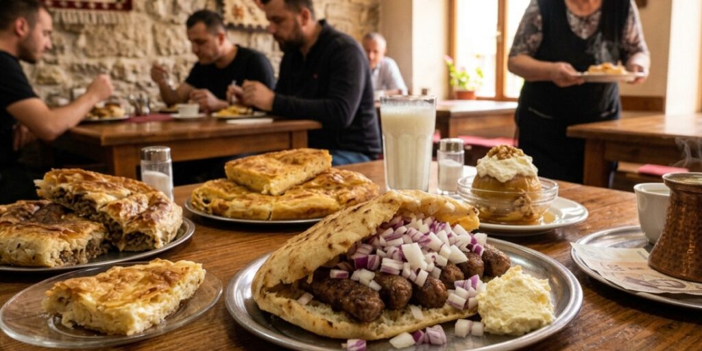 Traditional Bosnian food ćevapi and burek