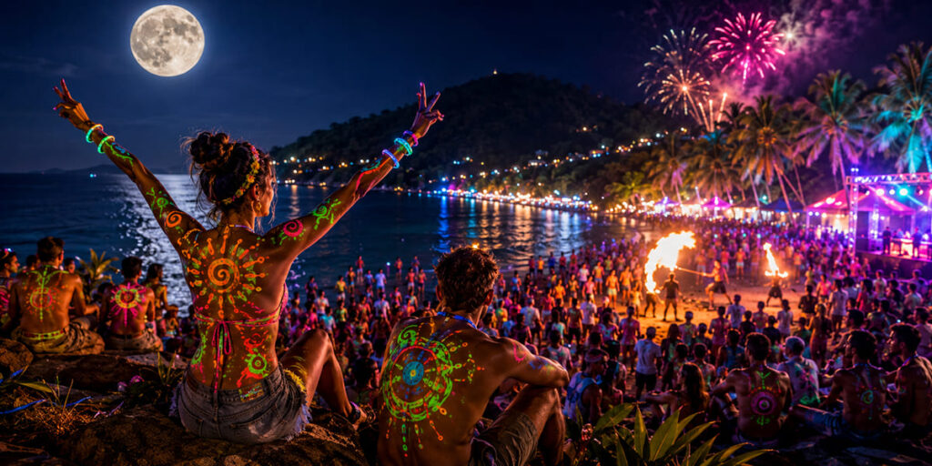 Thailand Full Moon Party experience under neon skies