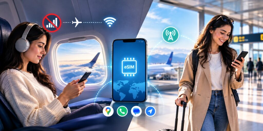 Using phone data or eSIM during a flight with airplane mode enabled