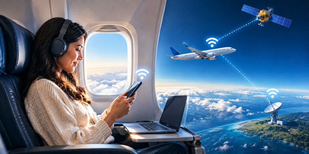Airplane WiFi and in-flight internet connection on a flight