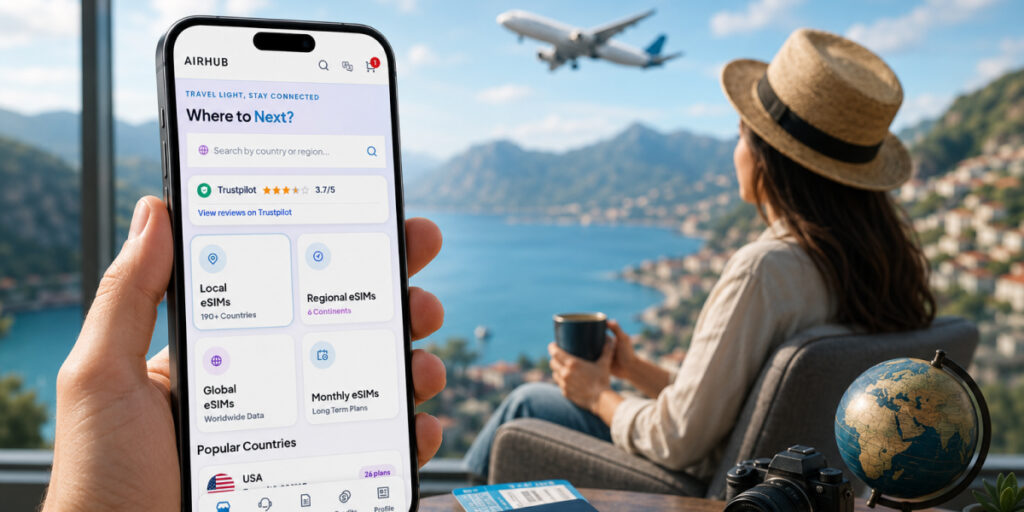 traveler and a phone using Airhub eSIM
