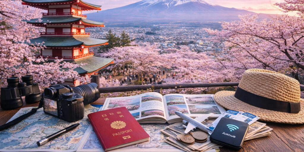 cherry blossom view with camera, passport, book and hat on the table