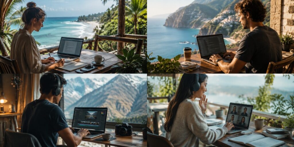 Digital nomad working online from a laptop while traveling abroad