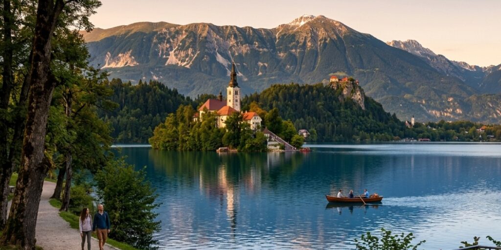 Lake Bled Slovenia island church and Alps