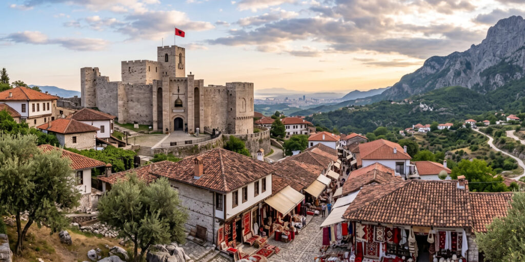 Krujë Castle and the historic Ottoman Bazaar in Krujë, Albania