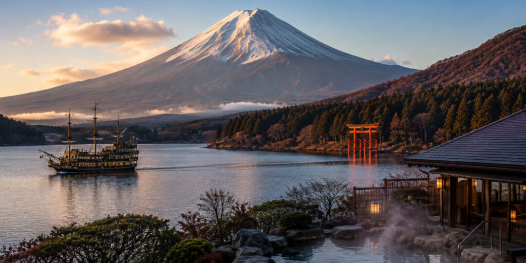 Mount Fuji reflected in Lake Kawaguchiko with snow-capped peak in Japan