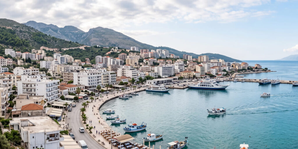 Panoramic view of Saranda Bay and the waterfront on the Albanian Riviera