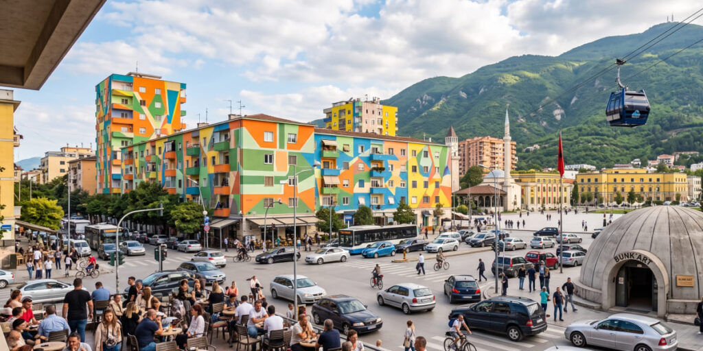 Tirana city skyline with colorful buildings in Albania