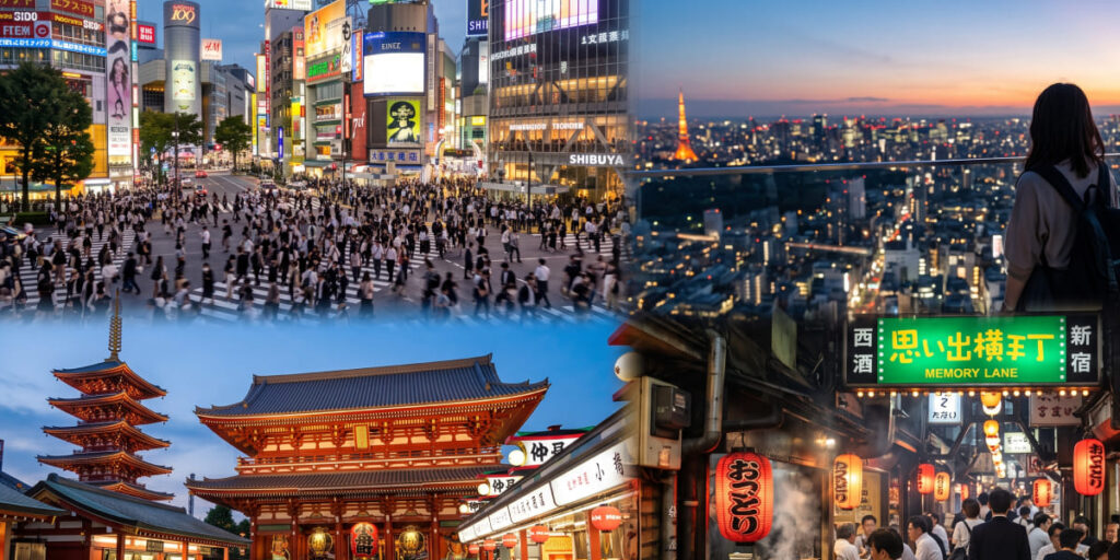 Tokyo skyline with Shibuya Crossing and iconic landmarks in Japan