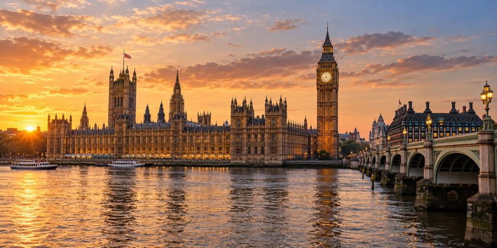 he Houses of Parliament and Big Ben beside the River Thames, London