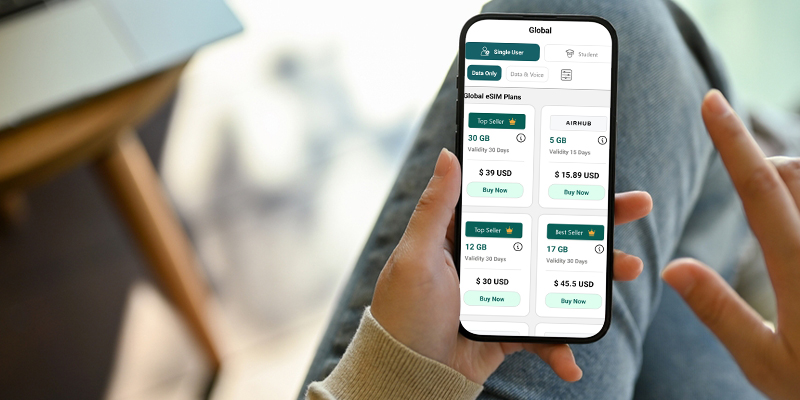 person using Airhub's global eSIM plan