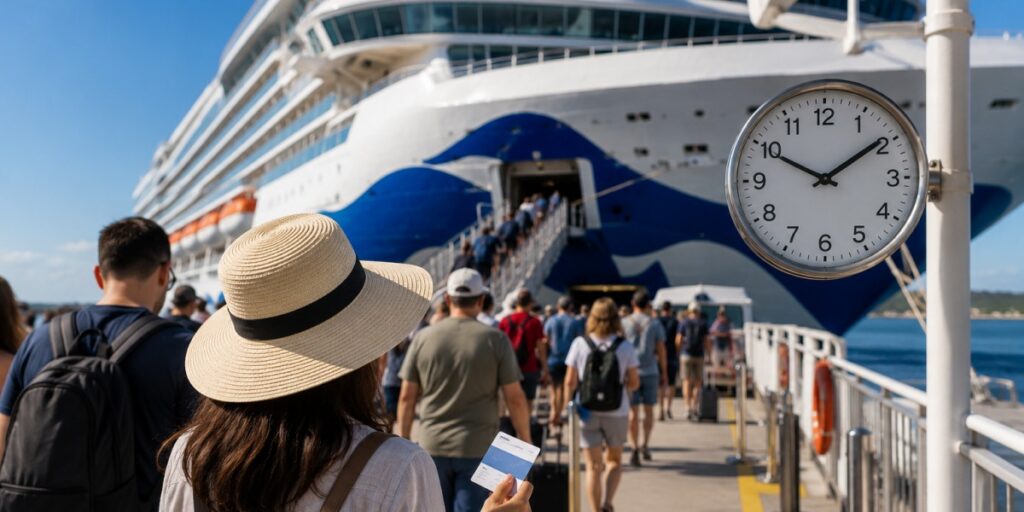 Cruise passengers boarding the ship on embarkation day