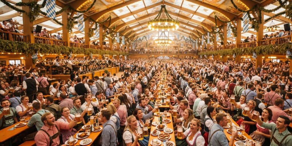 Crowds inside a decorated Oktoberfest beer tent in Munich