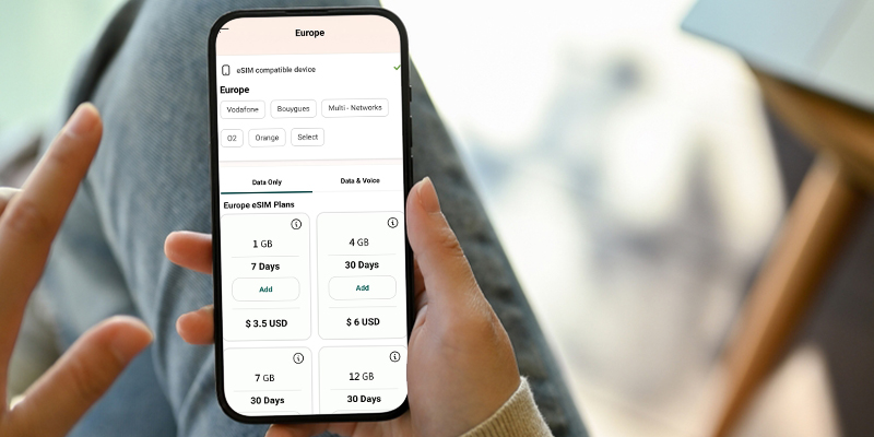 a mobile phone showing Airhub's europe esim plans