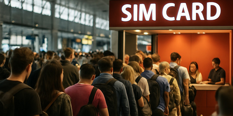 people standing in a queue in SIM card store