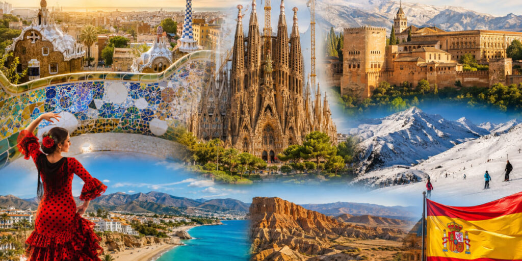 Scenic view of Spain featuring mountains, Mediterranean coastline, and historic architecture