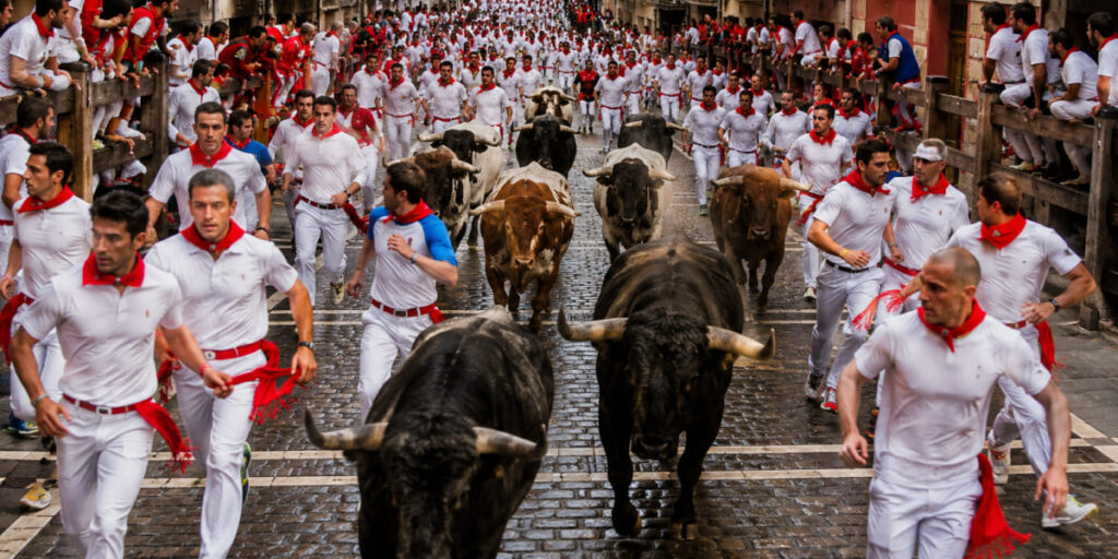 Pamplona Running of the Bulls festival with runners and bulls