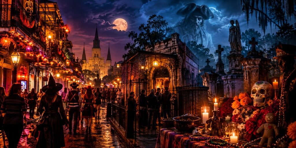 New Orleans Halloween celebration with haunted streets and voodoo-themed festivities
