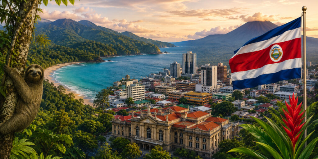 Costa Rica coastal city and volcano view