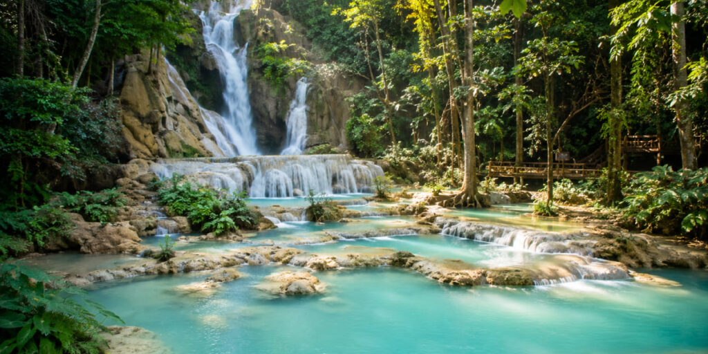 Turquoise pools of Kuang Si waterfall near Luang Prabang, Laos