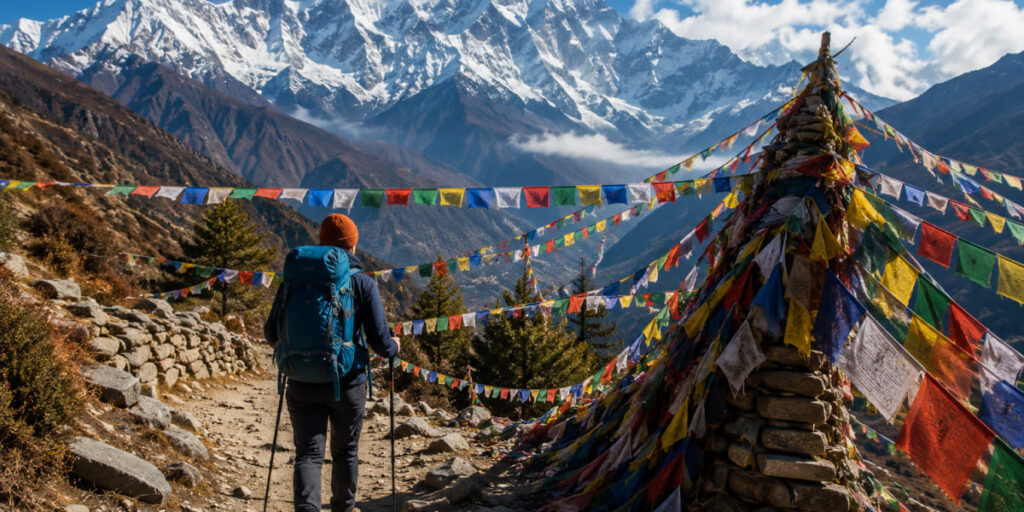 Trekker passing prayer flags on the Annapurna Circuit with Himalayan peaks behind, Nepal