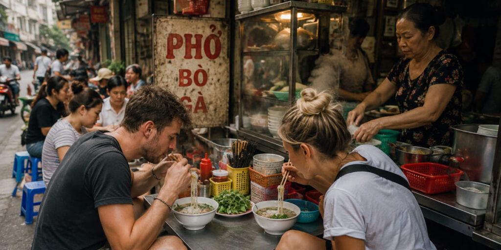 Travelers eating pho at a street food stall in Hanoi's Old Quarter, Vietnam