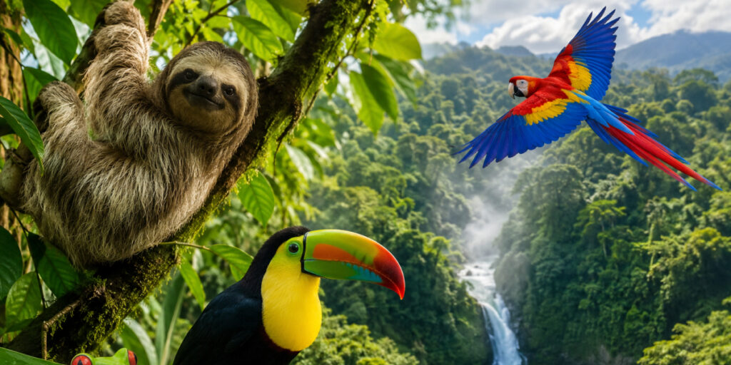 sloth, toucan, and macaw