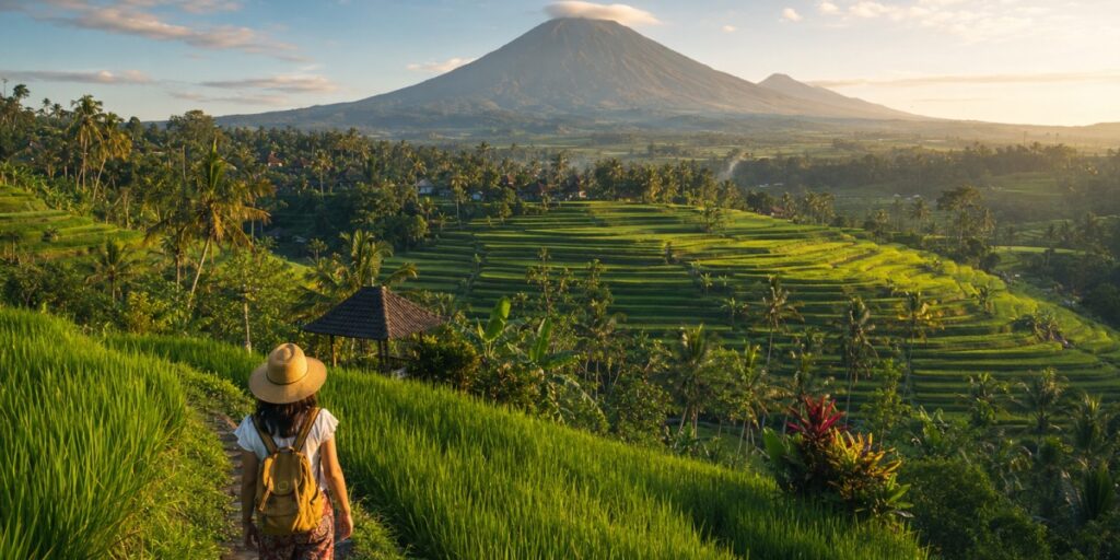 Rice terraces with a volcano on the horizon near Yogyakarta, Indonesia