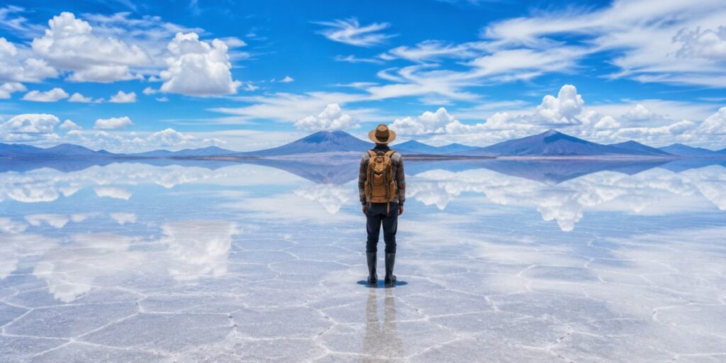 Traveler standing on the mirror-like Salar de Uyuni salt flats, Bolivia