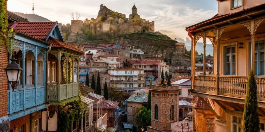 Traditional wooden balconies in Tbilisi's old town, Georgia