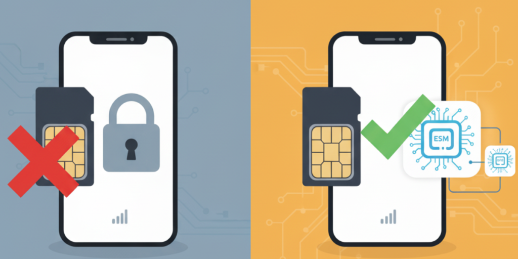 a phone showing sim and another with sim and esim 