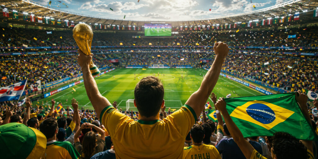 a man holding trophy in hand in the crowdy stadium