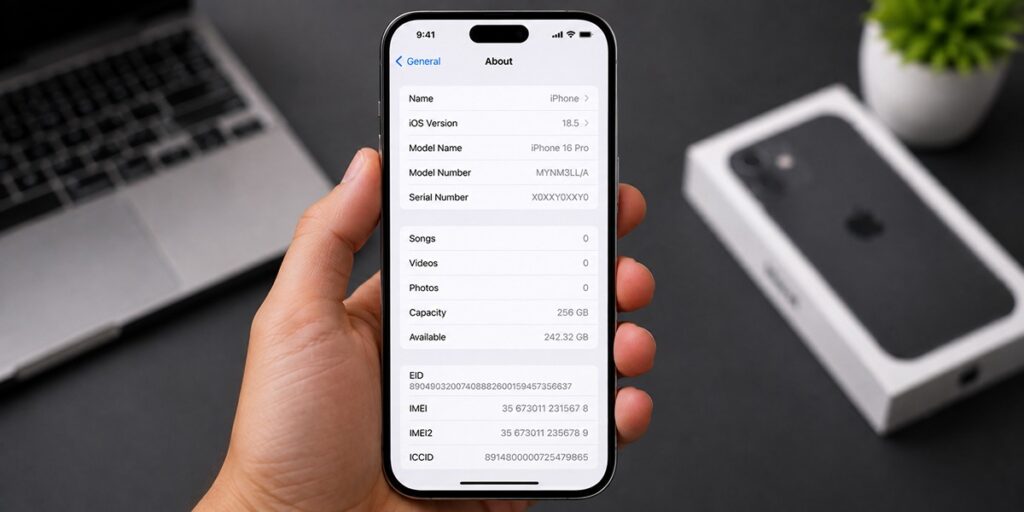 iPhone settings showing EID IMEI and device information