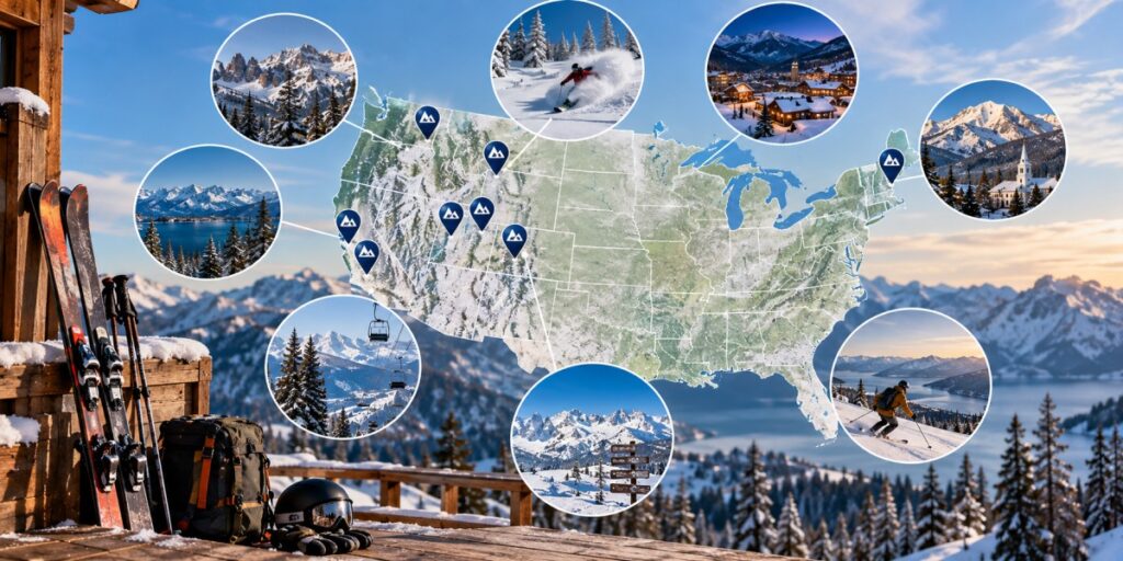 Map of the 10 best ski places in the US, from California to Vermont