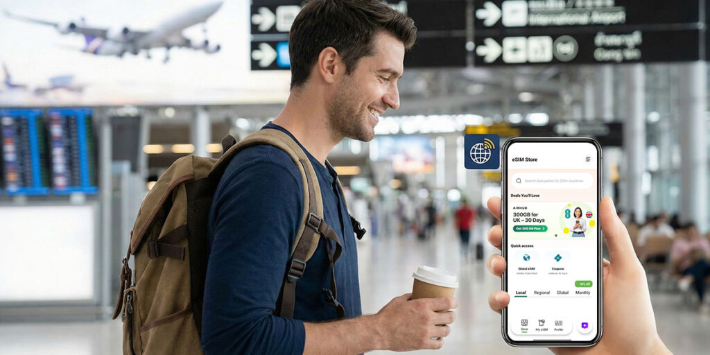 a man using airhub esim 
