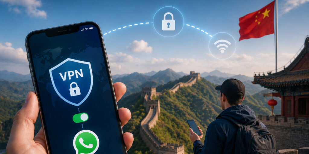 VPN showing in the phone and traveler holding the phone in china