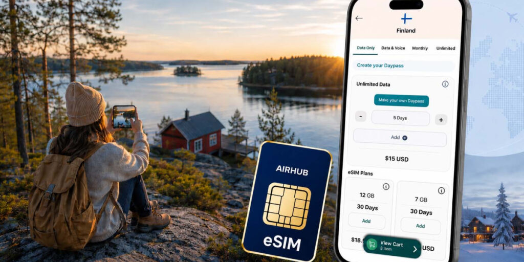 traveler capturing the photos and mobile phone showing Airhub's Finland eSIM
