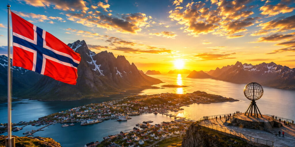Golden midnight sun hovering above the horizon over a Norwegian fjord just after midnight in late June.