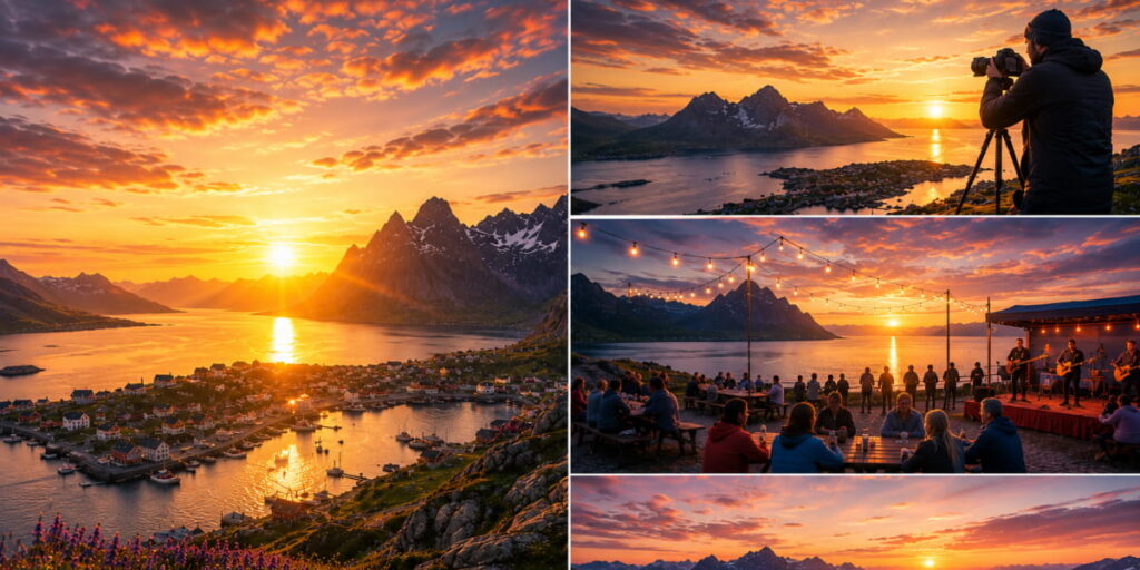Late-night golden light over the sea and mountains on the Norwegian coast during midnight sun season.