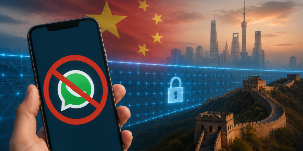 WhatsApp blocked in China with Great Wall and skyline