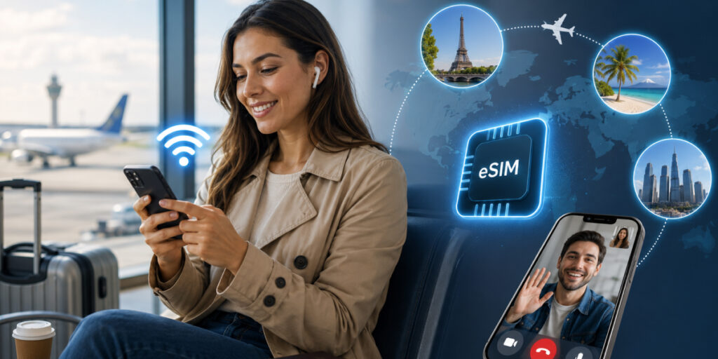 Traveler using eSIM for Wi-Fi calling and global connectivity