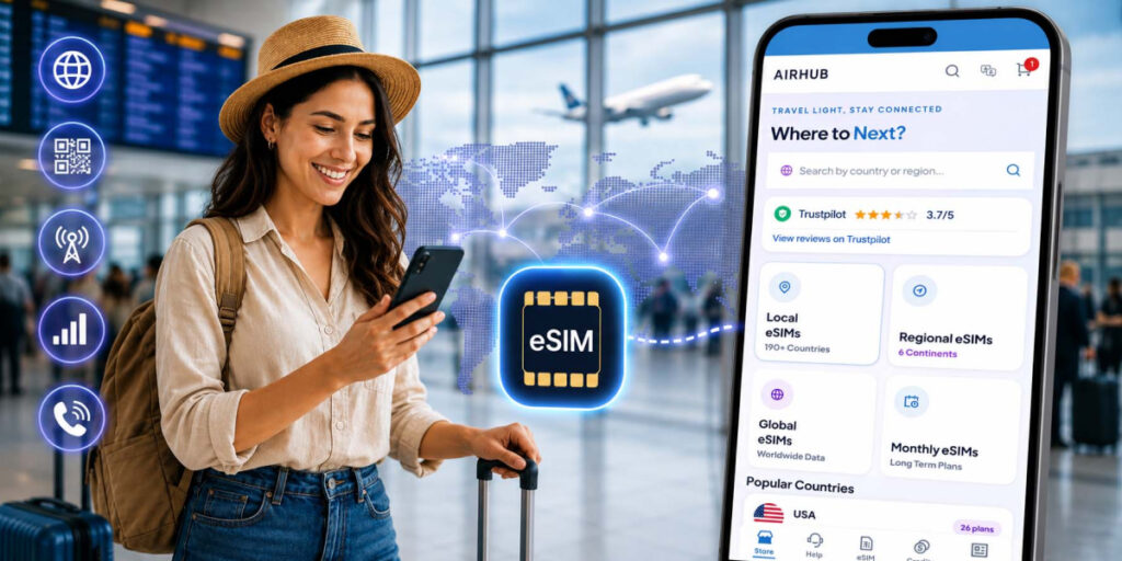woman on airhubapp in airport
