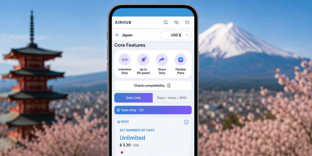 airhub app infront of fuji