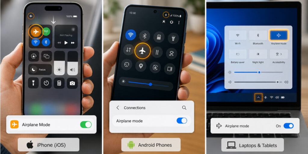 process of turning on airplane mode